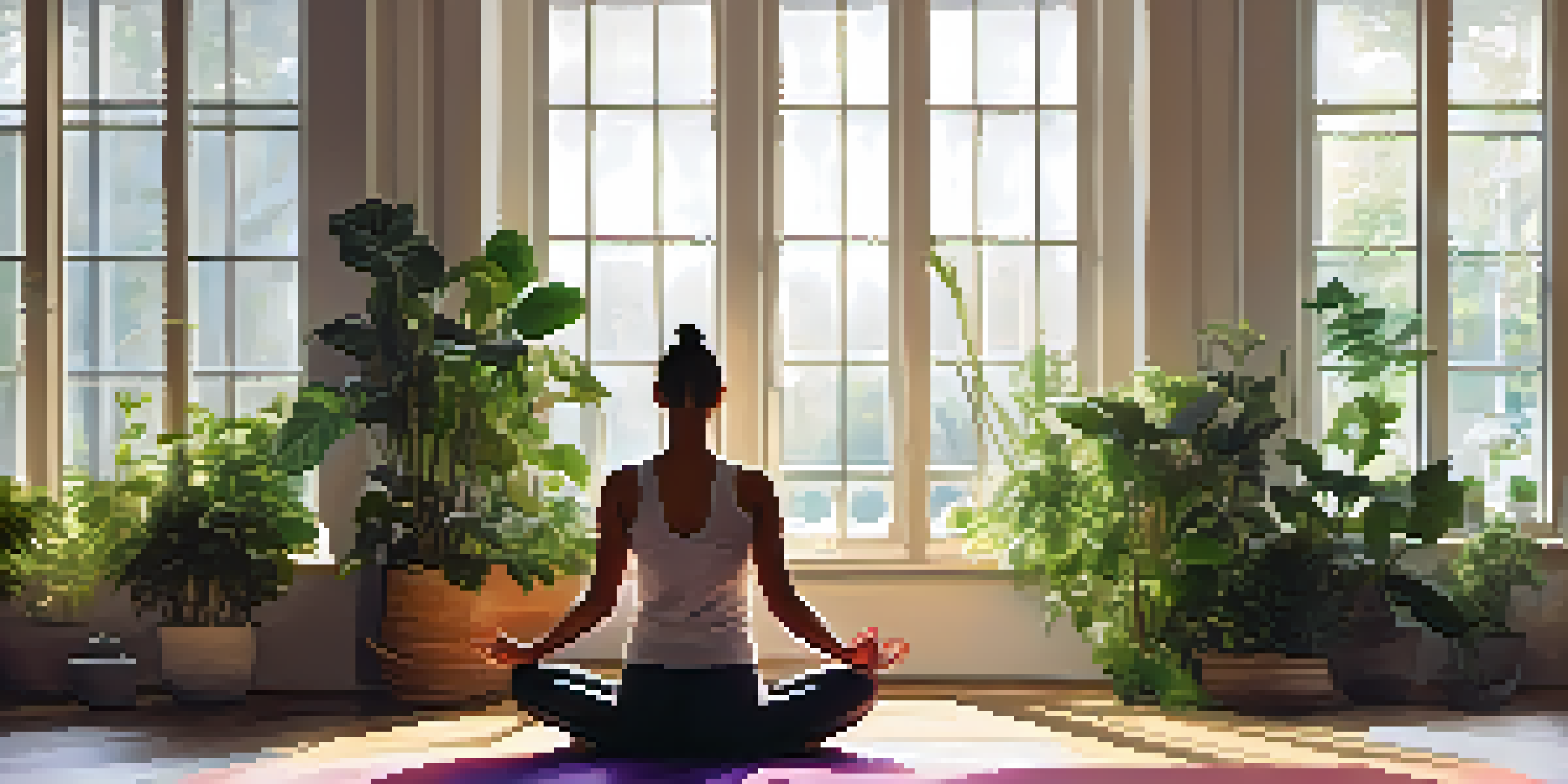 A woman in comfortable clothing practicing yoga in a bright, plant-filled room, emphasizing relaxation and mental health.