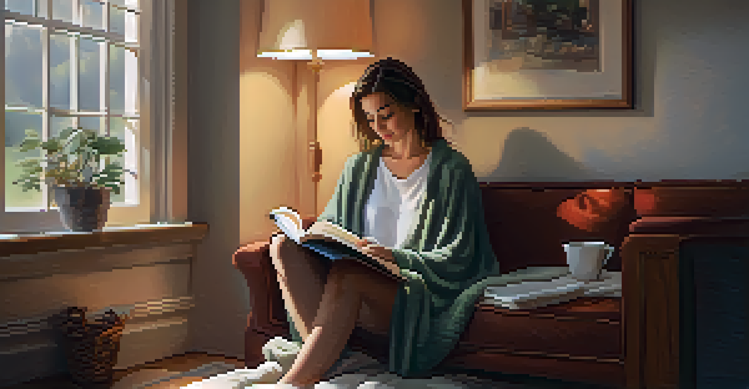 A woman writing in a journal while sipping tea in a warm, inviting corner with soft lighting and a blanket, illustrating self-care and reflection.