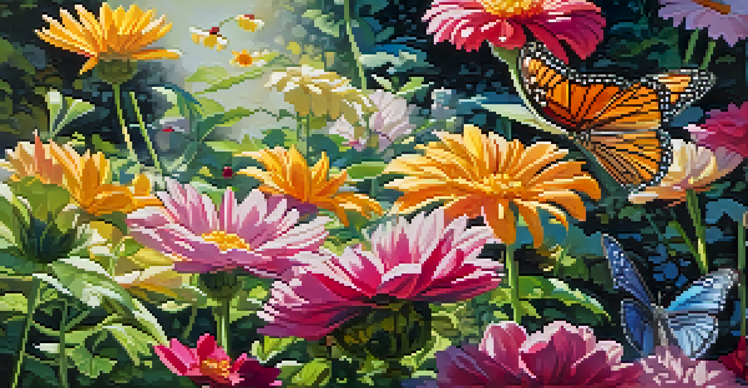 A close-up view of a colorful flower garden with butterflies and sunlight highlighting the petals.