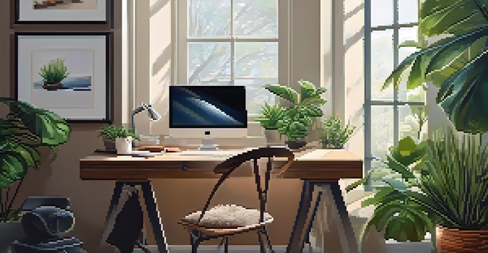 A warm and inviting home office with a laptop, indoor plants, and natural light.
