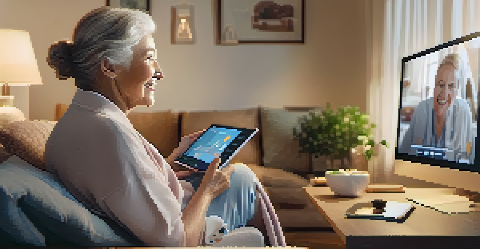 An elderly woman sitting on a sofa with a tablet, participating in a telehealth appointment, with a warm and cozy living room setting.