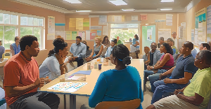 A diverse group of individuals participating in a health workshop at a community center, with a chart on the wall and an atmosphere of engagement and discussion.