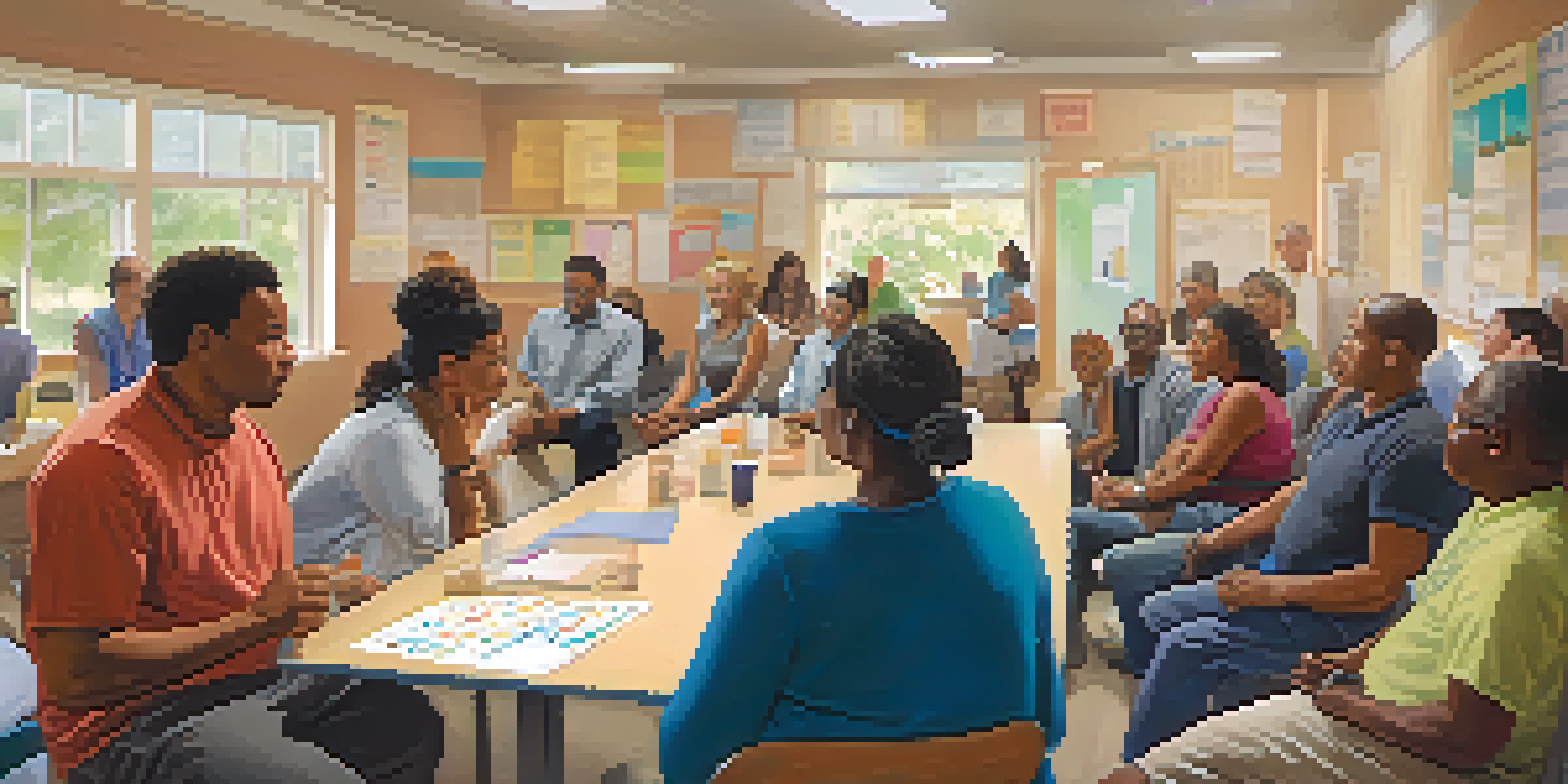 A diverse group of individuals participating in a health workshop at a community center, with a chart on the wall and an atmosphere of engagement and discussion.
