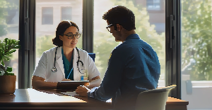 A healthcare provider and a patient having a discussion in a cozy office environment, with natural light illuminating the scene.