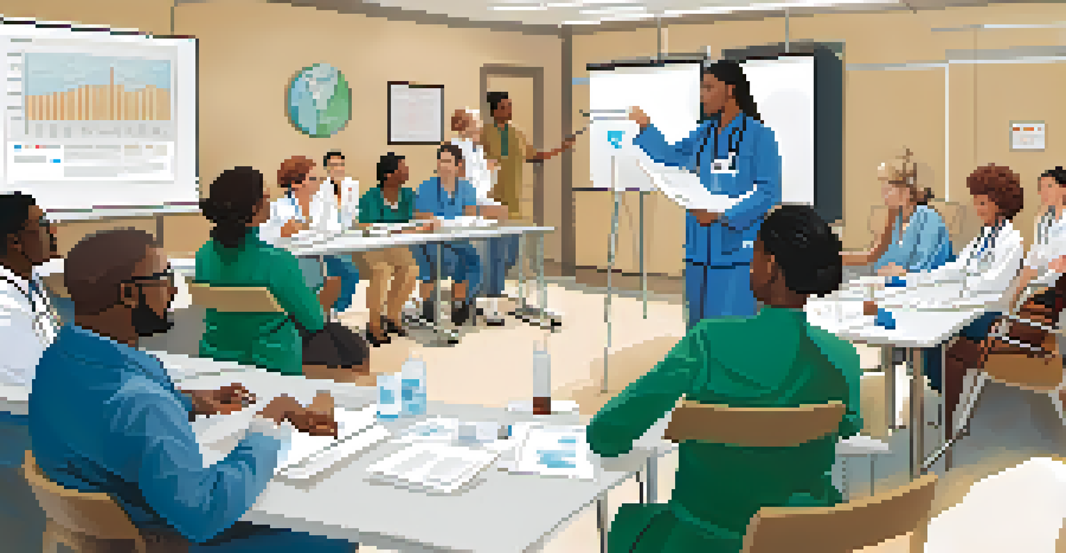 A diverse group of healthcare professionals engaged in a communication training workshop with role-playing exercises.