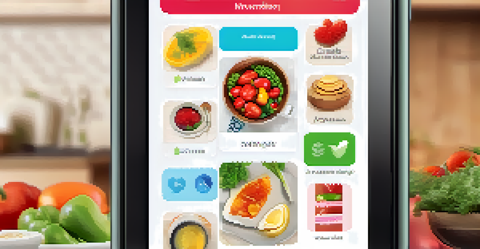 A smartphone showing a health app with dietary recommendations for heart disease management in a kitchen setting.