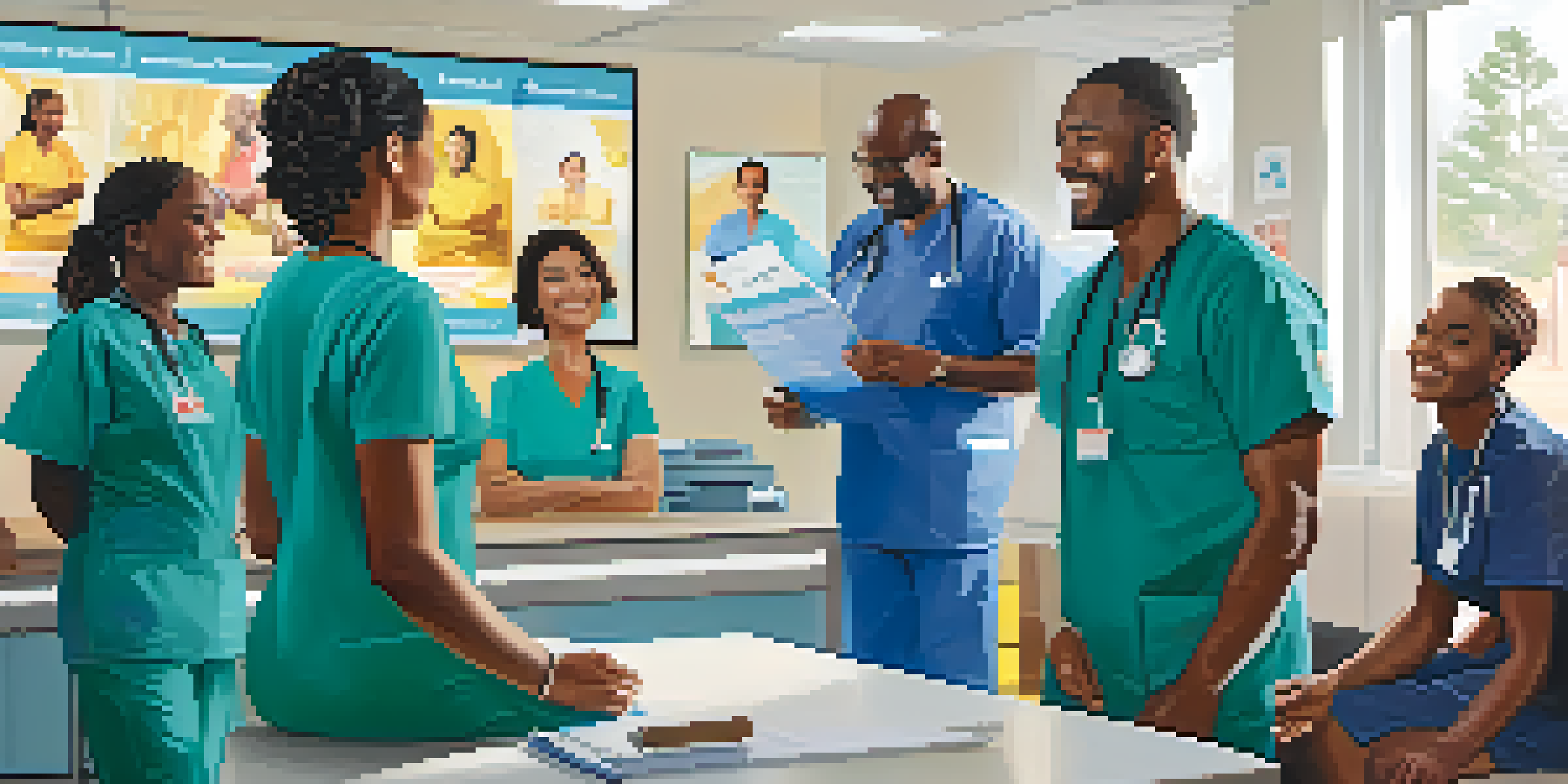 A healthcare worker engaging with a diverse group of community members in a modern clinic, promoting health awareness and collaboration.