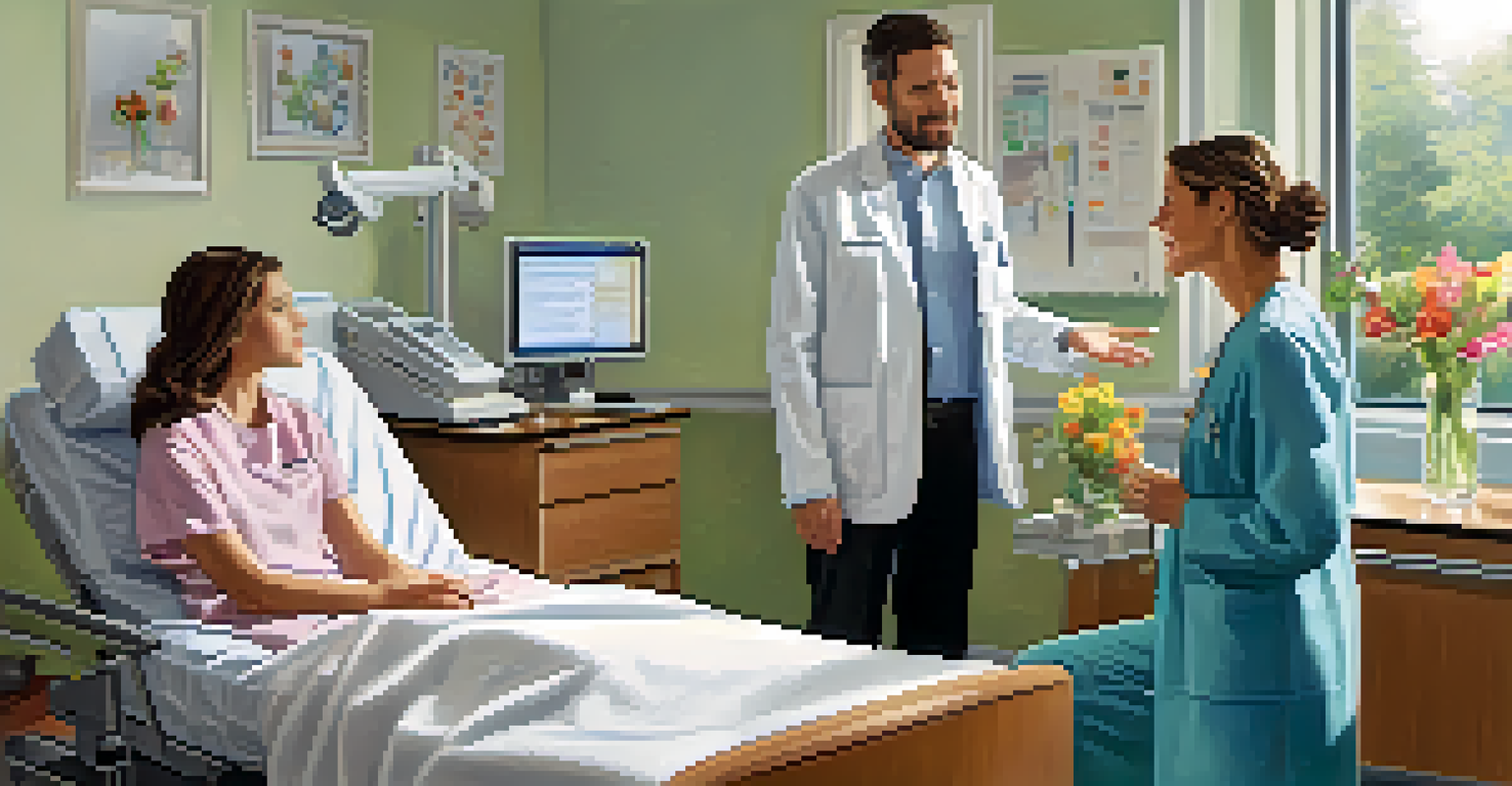 A patient and family discussing with a healthcare provider in a hospital room full of medical equipment and flowers.