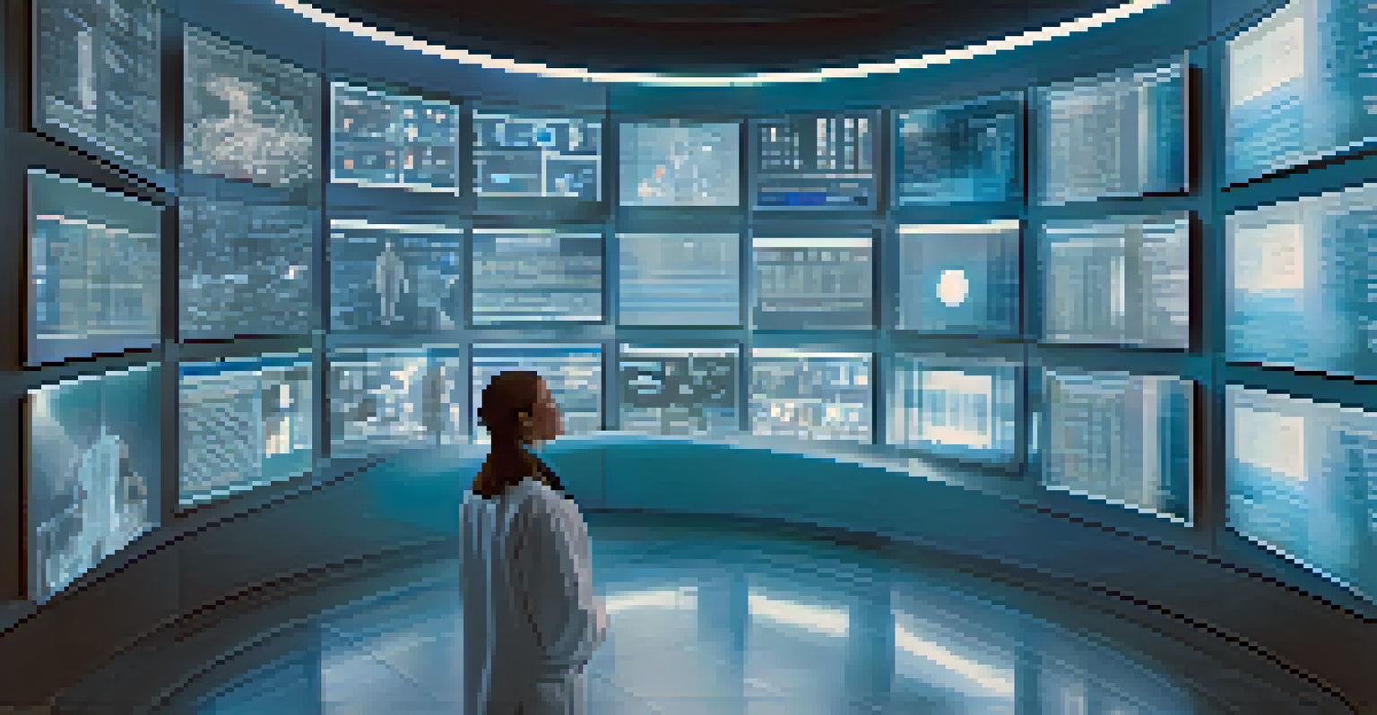 A healthcare professional using AI to analyze medical images on a large screen, surrounded by flowing data patterns in a high-tech environment.