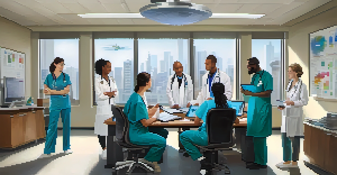 A diverse group of healthcare professionals collaborating in a meeting, surrounded by medical charts and a digital tablet.