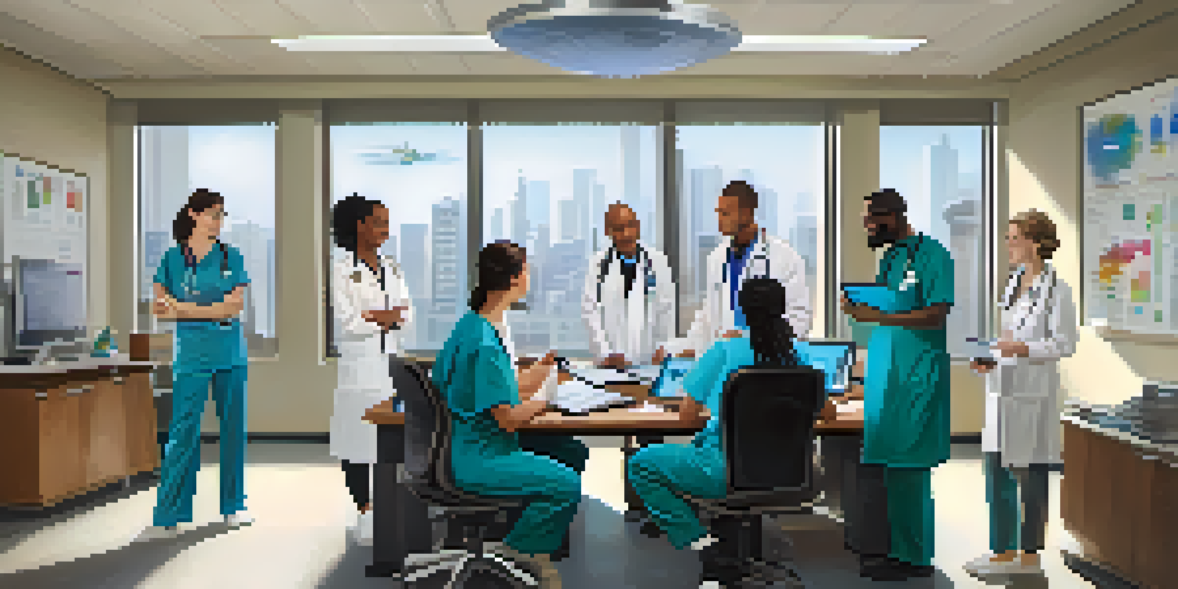 A diverse group of healthcare professionals collaborating in a meeting, surrounded by medical charts and a digital tablet.