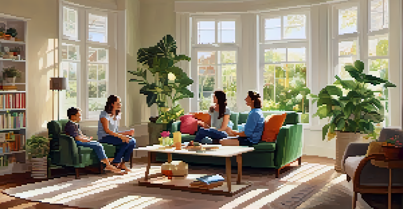 A family in a sunlit living room discussing genetic testing, surrounded by plants and family photos.