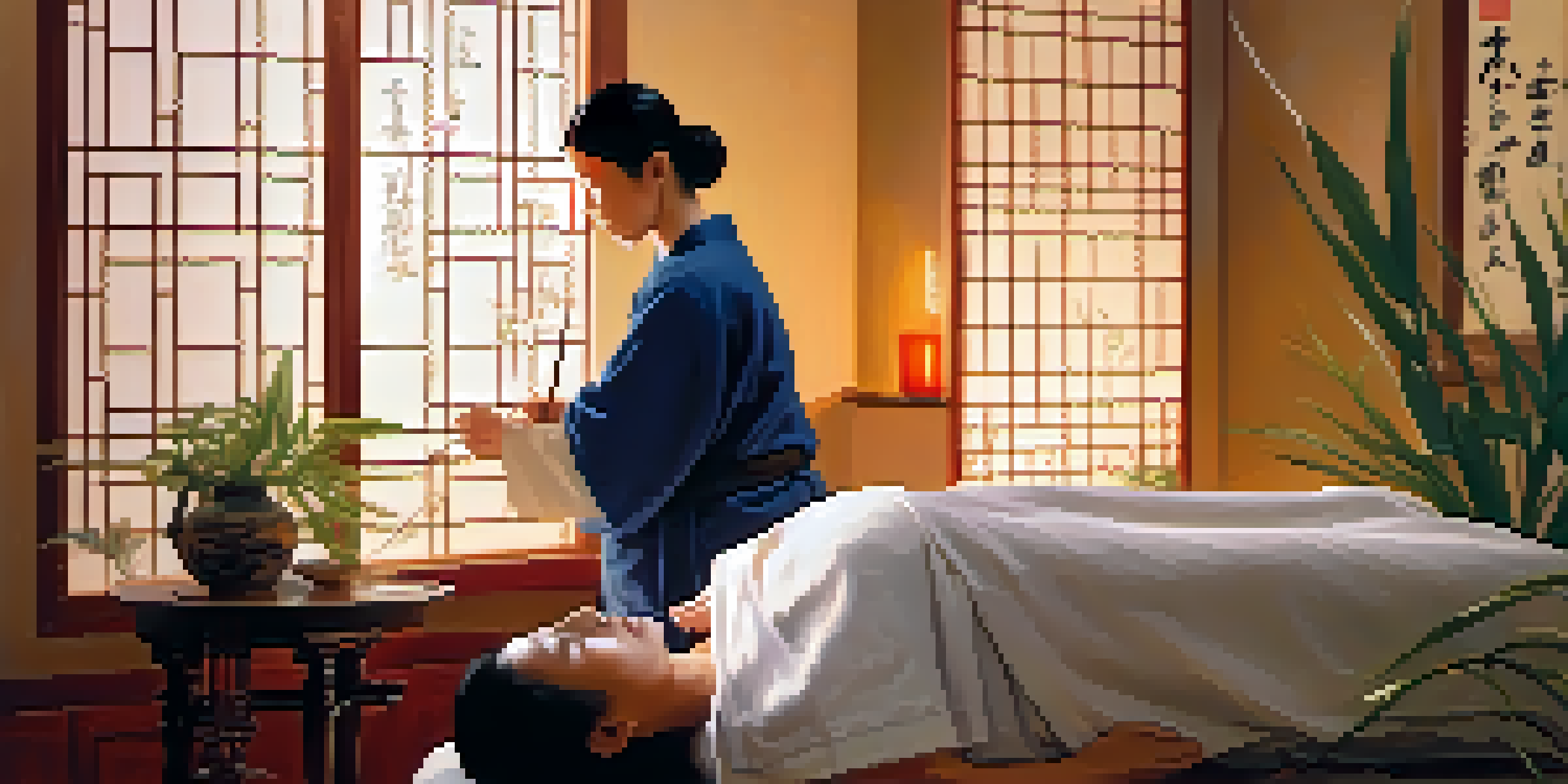 A calm acupuncture session with a practitioner inserting needles into a patient's back in a softly lit room adorned with plants and traditional decor.