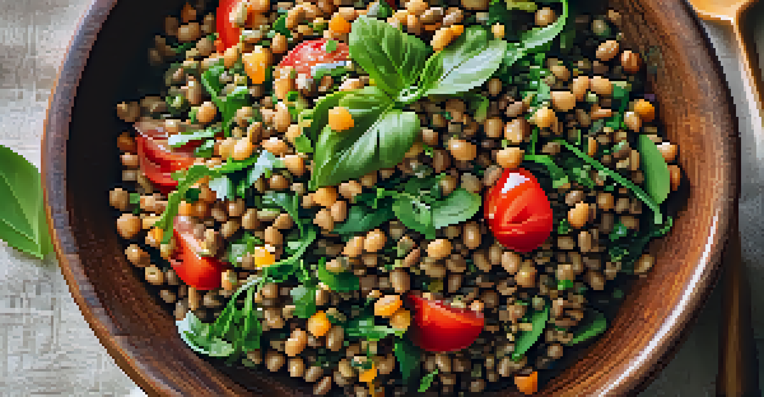 A close-up of a colorful lentil salad with greens, tomatoes, and nuts in a rustic bowl, set outdoors with soft sunlight.