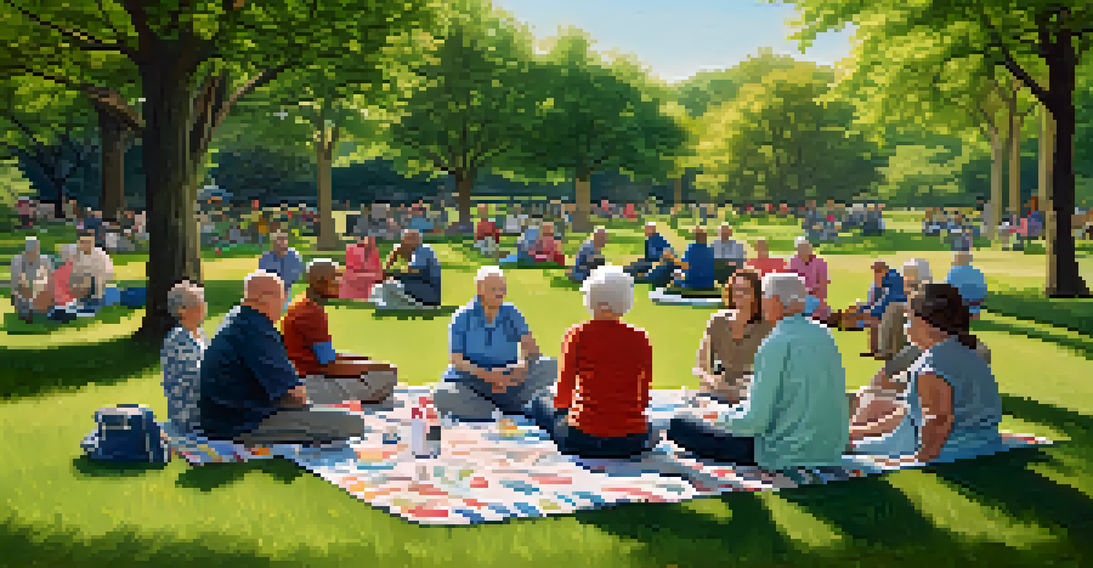 A group of cancer patients in a park, sitting in a circle on blankets, sharing experiences and supporting each other.
