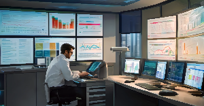 A healthcare professional at a computer reviewing graphs and charts related to drug safety.