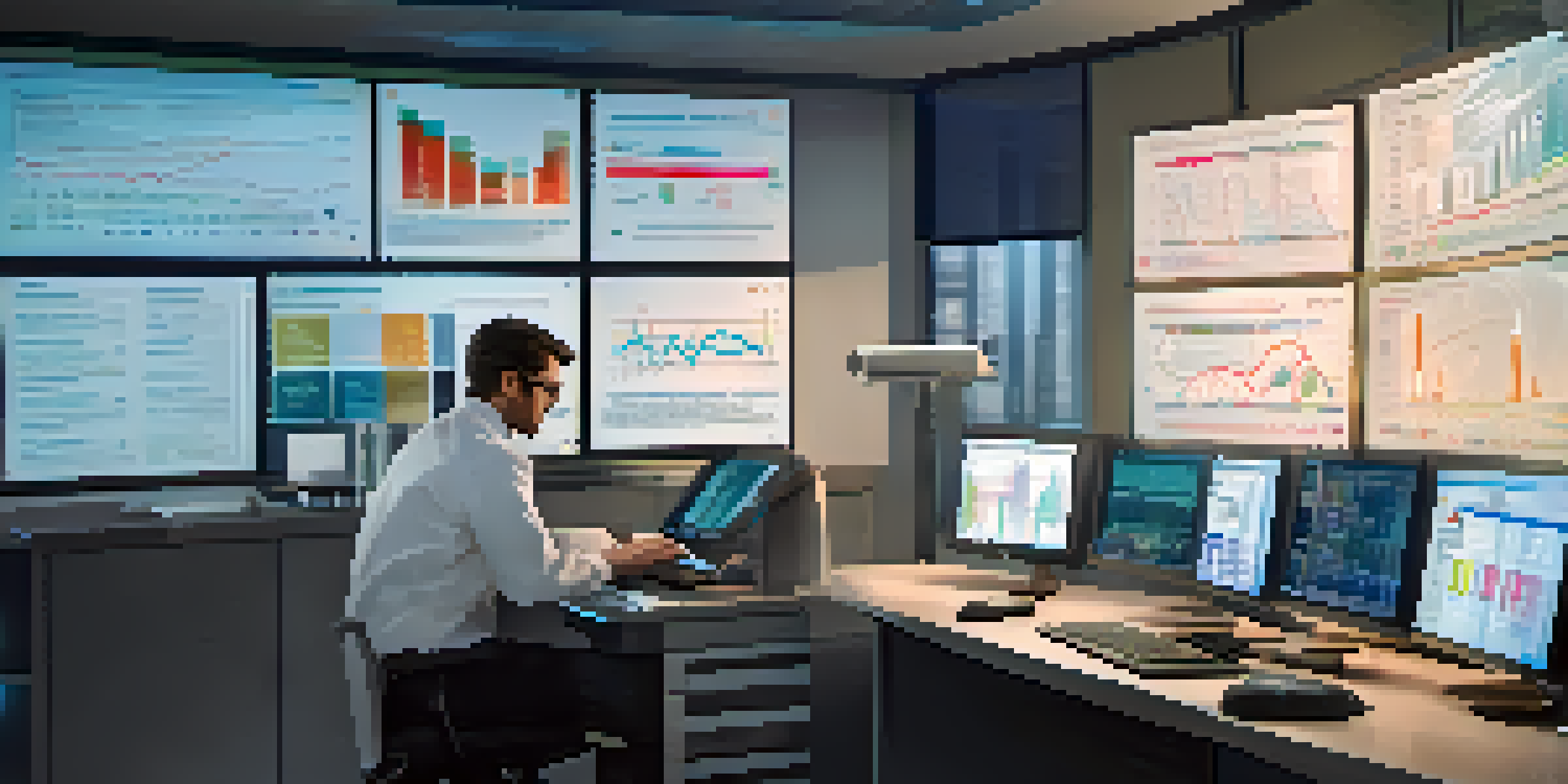 A healthcare professional at a computer reviewing graphs and charts related to drug safety.