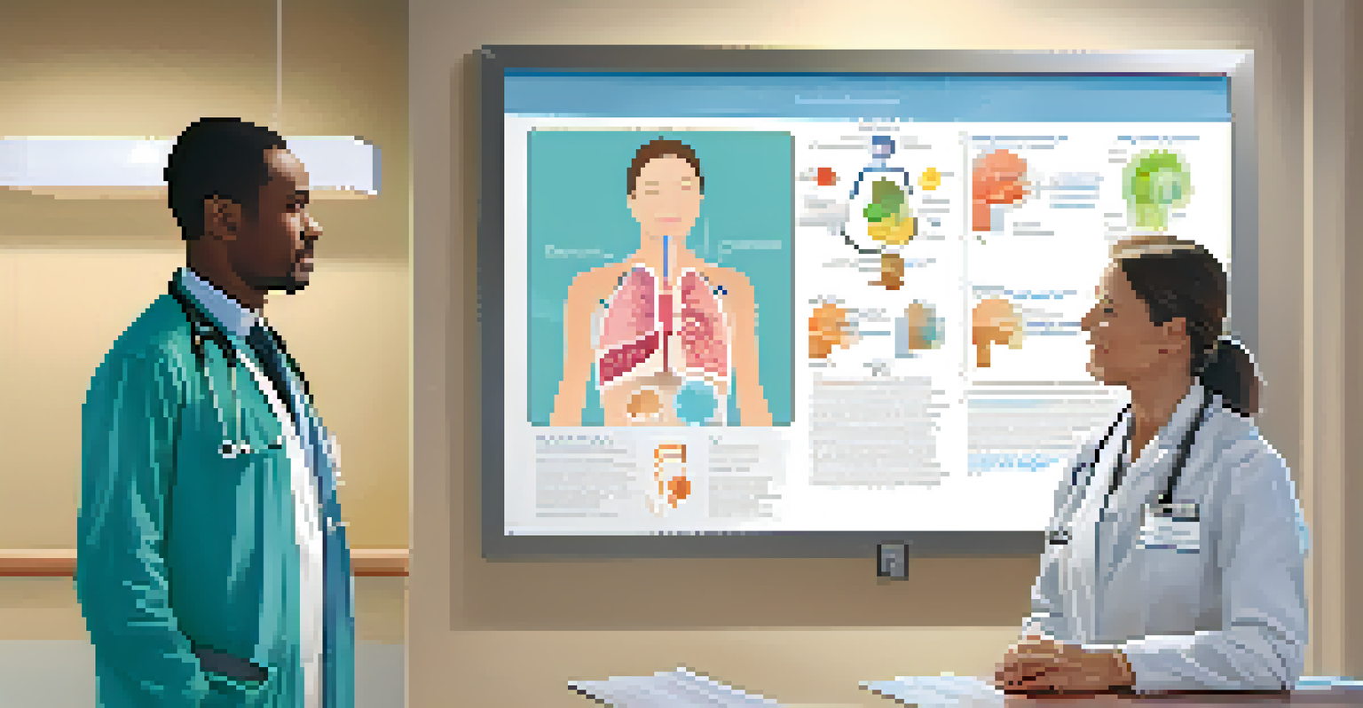 A healthcare provider discussing asthma management with a patient in a consultation room, pointing at a diagram.