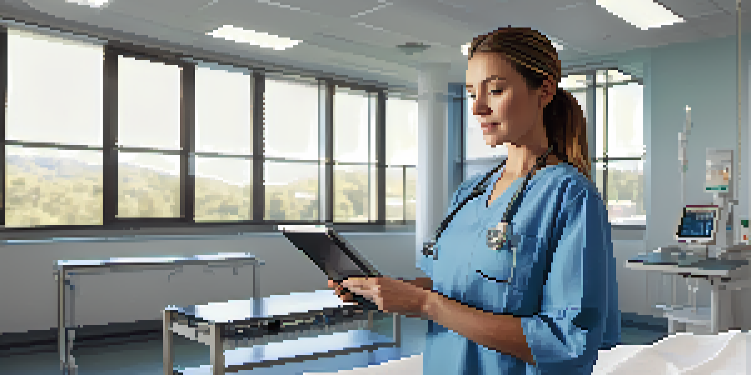 A nurse in scrubs using a digital tablet in a well-lit hospital room, surrounded by medical equipment.