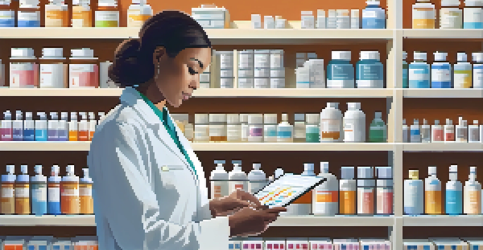 A pharmacist examining a patient's medication details on a tablet in a bright pharmacy filled with prescription bottles.