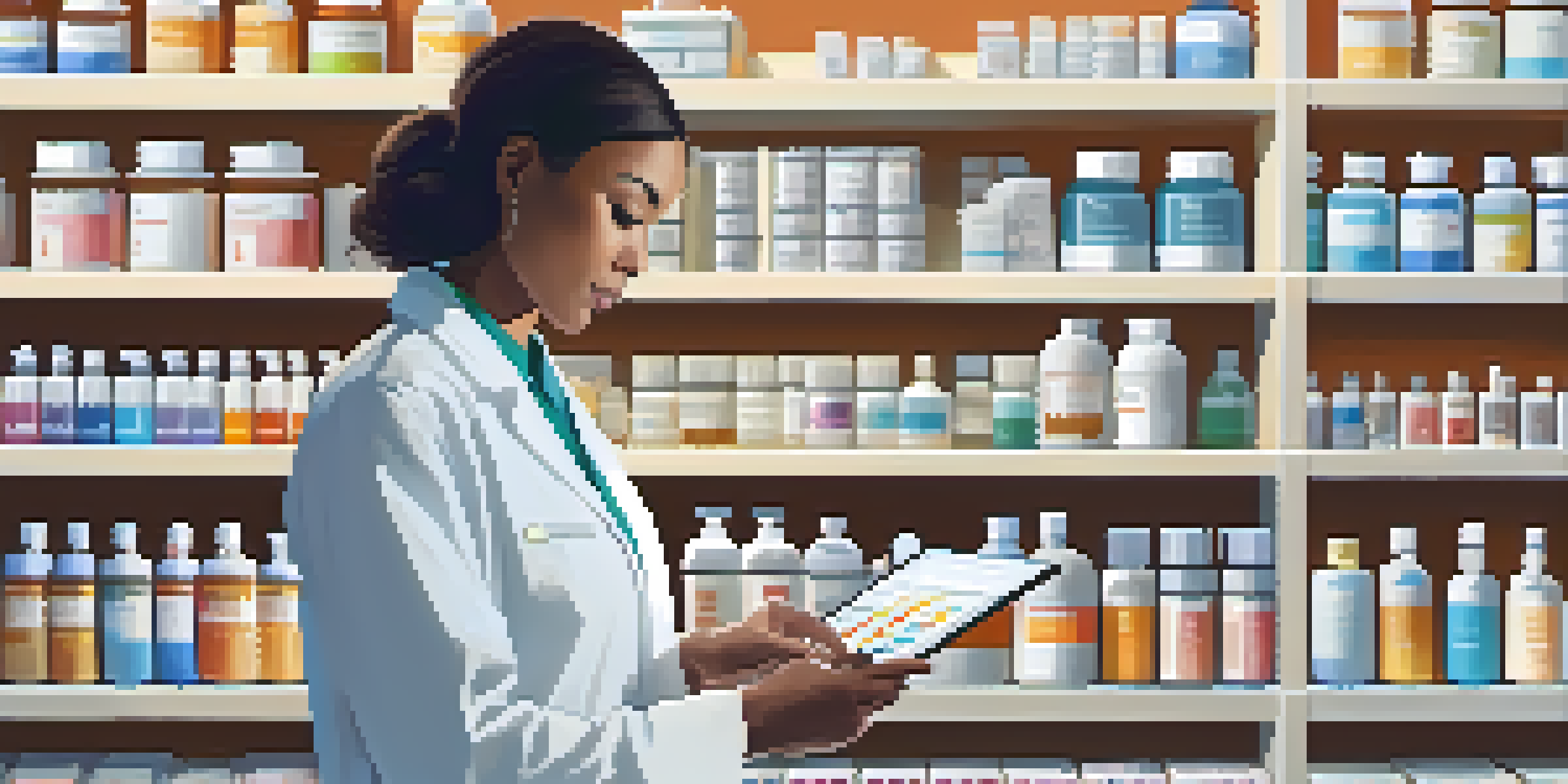 A pharmacist examining a patient's medication details on a tablet in a bright pharmacy filled with prescription bottles.