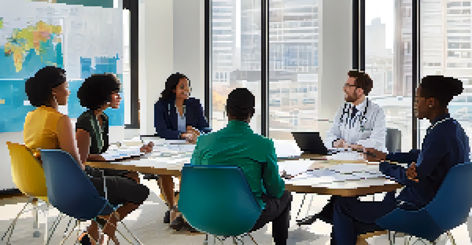 A diverse group of healthcare professionals and patient advocates collaborating in a modern conference room during a brainstorming session.
