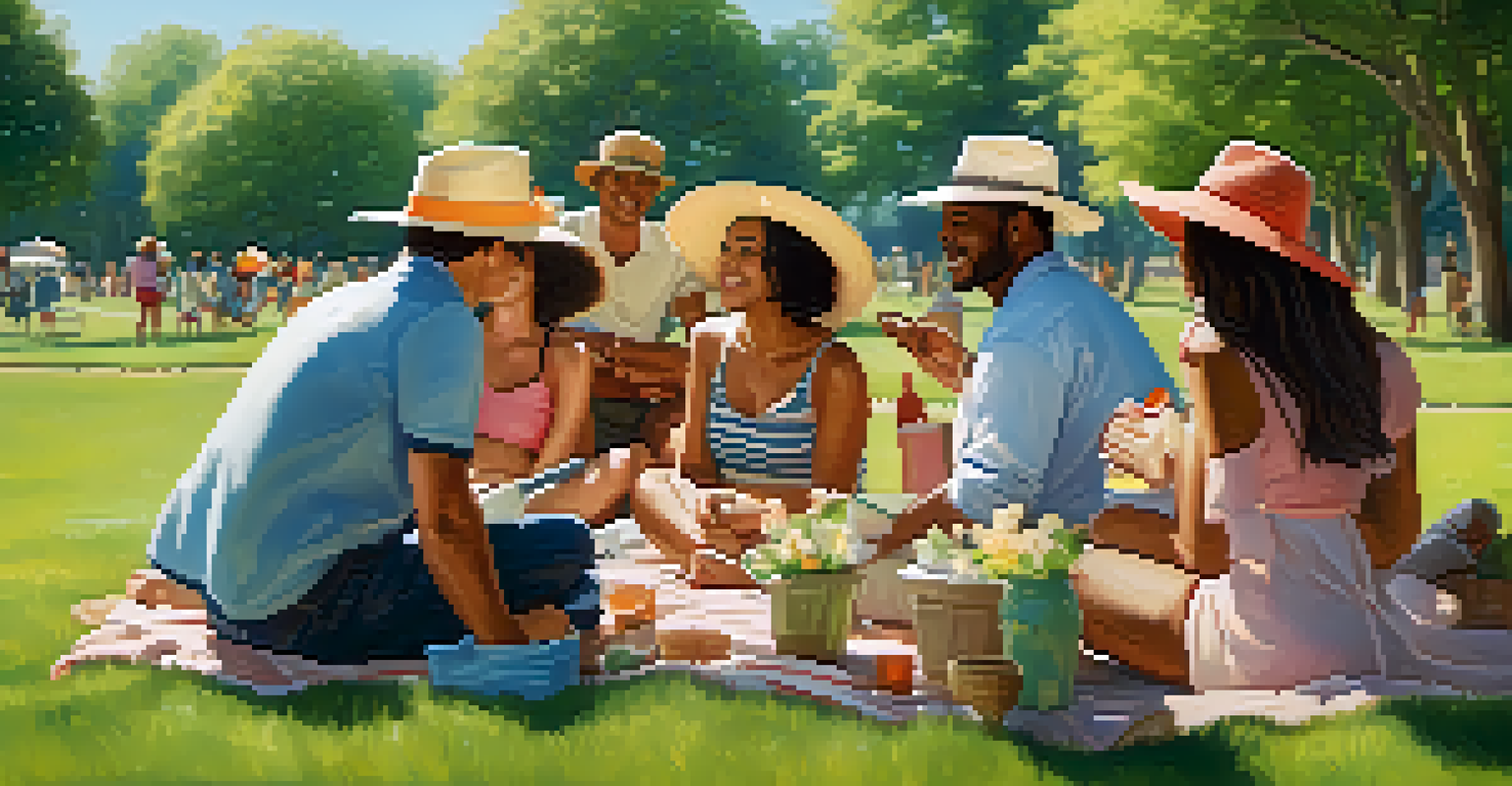 A diverse group of people enjoying a sunny day in the park while applying sunscreen and wearing hats for sun protection.