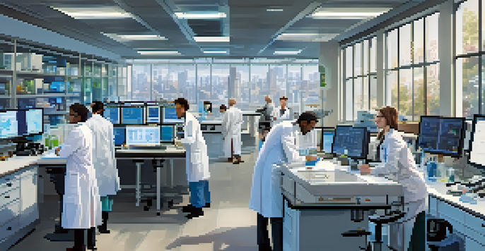A diverse group of scientists working together in a bright research lab, examining data and collaborating over a microscope.