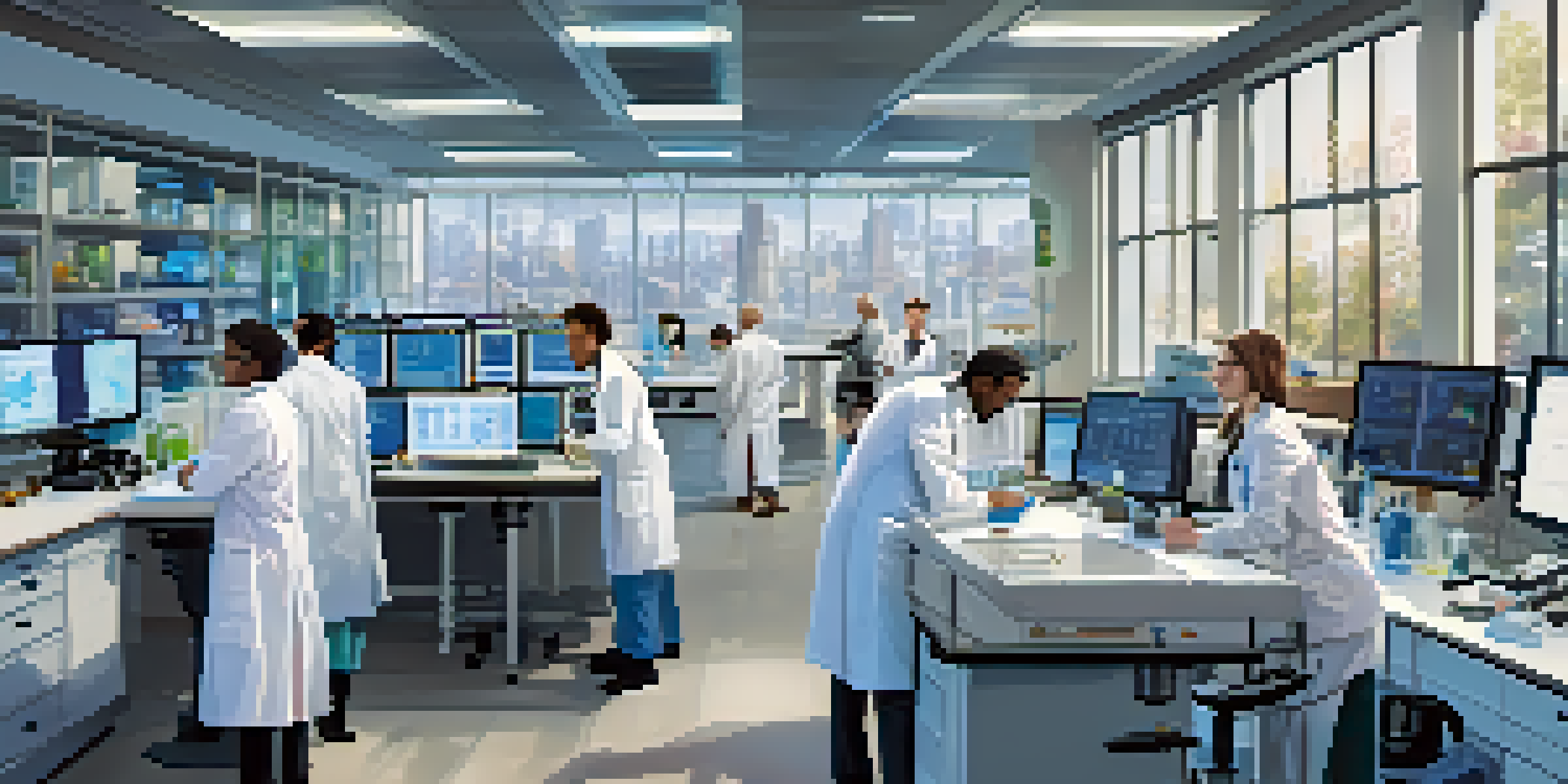 A diverse group of scientists working together in a bright research lab, examining data and collaborating over a microscope.