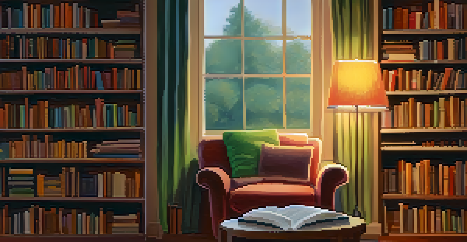 A comfortable reading nook with an armchair, knitted blanket, and bookshelves filled with colorful books under warm light.