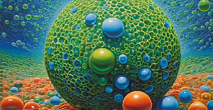 A detailed illustration of a B cell surrounded by antibodies in a colorful immune system environment.