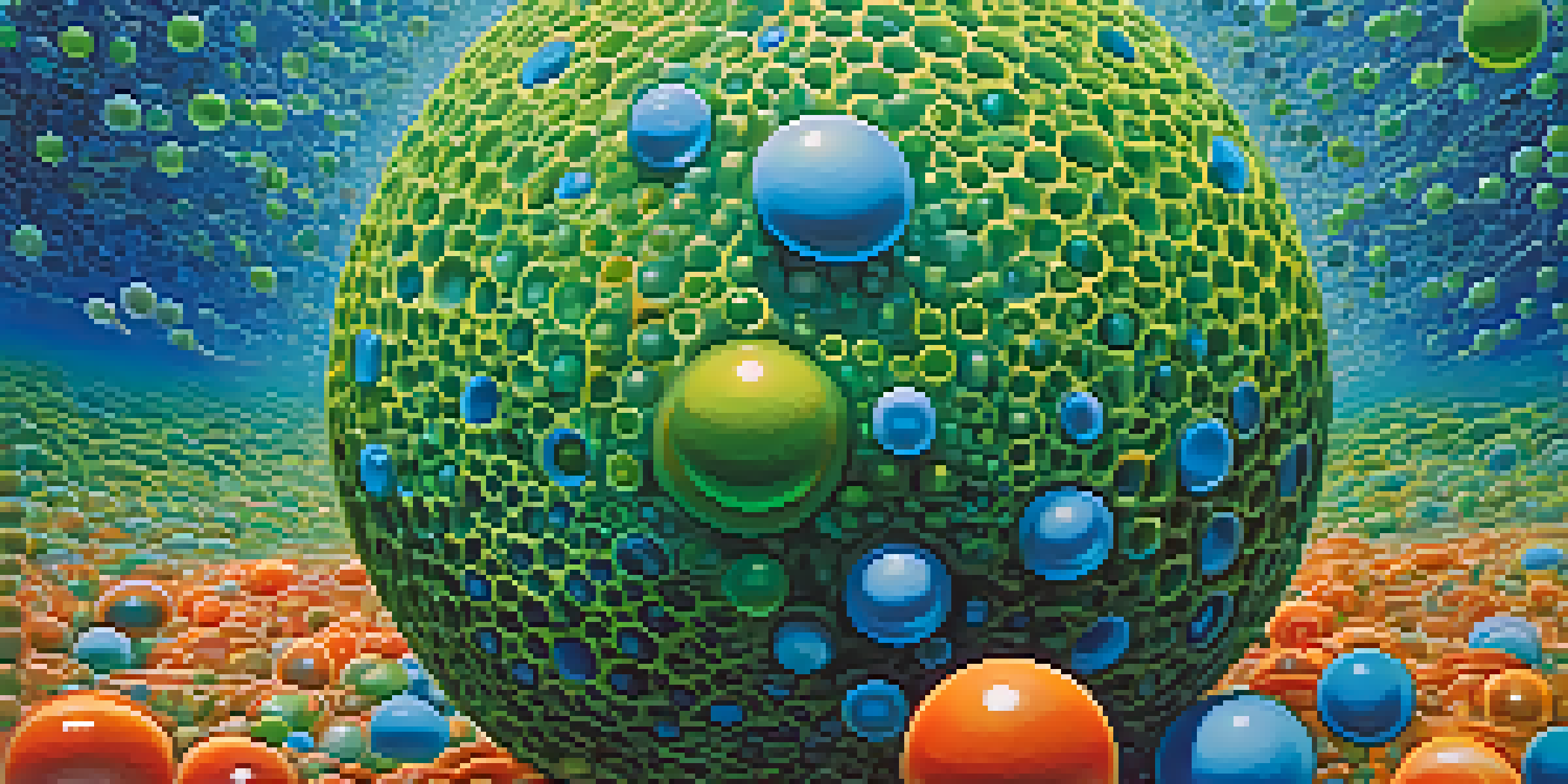 A detailed illustration of a B cell surrounded by antibodies in a colorful immune system environment.
