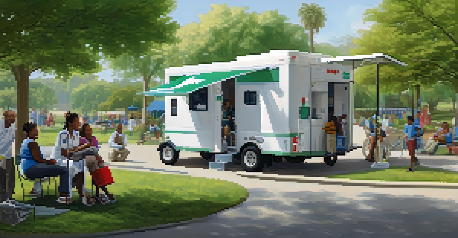 A mobile health clinic in a neighborhood park, with staff providing health resources to local residents, surrounded by greenery and families.