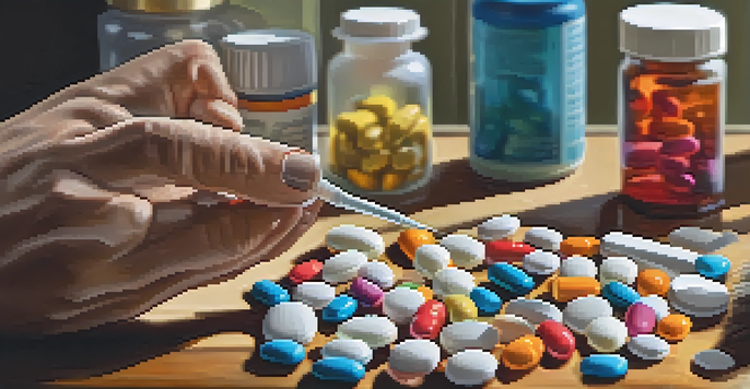 A pharmacist's hands preparing medication with colorful pills and bottles on a wooden countertop.