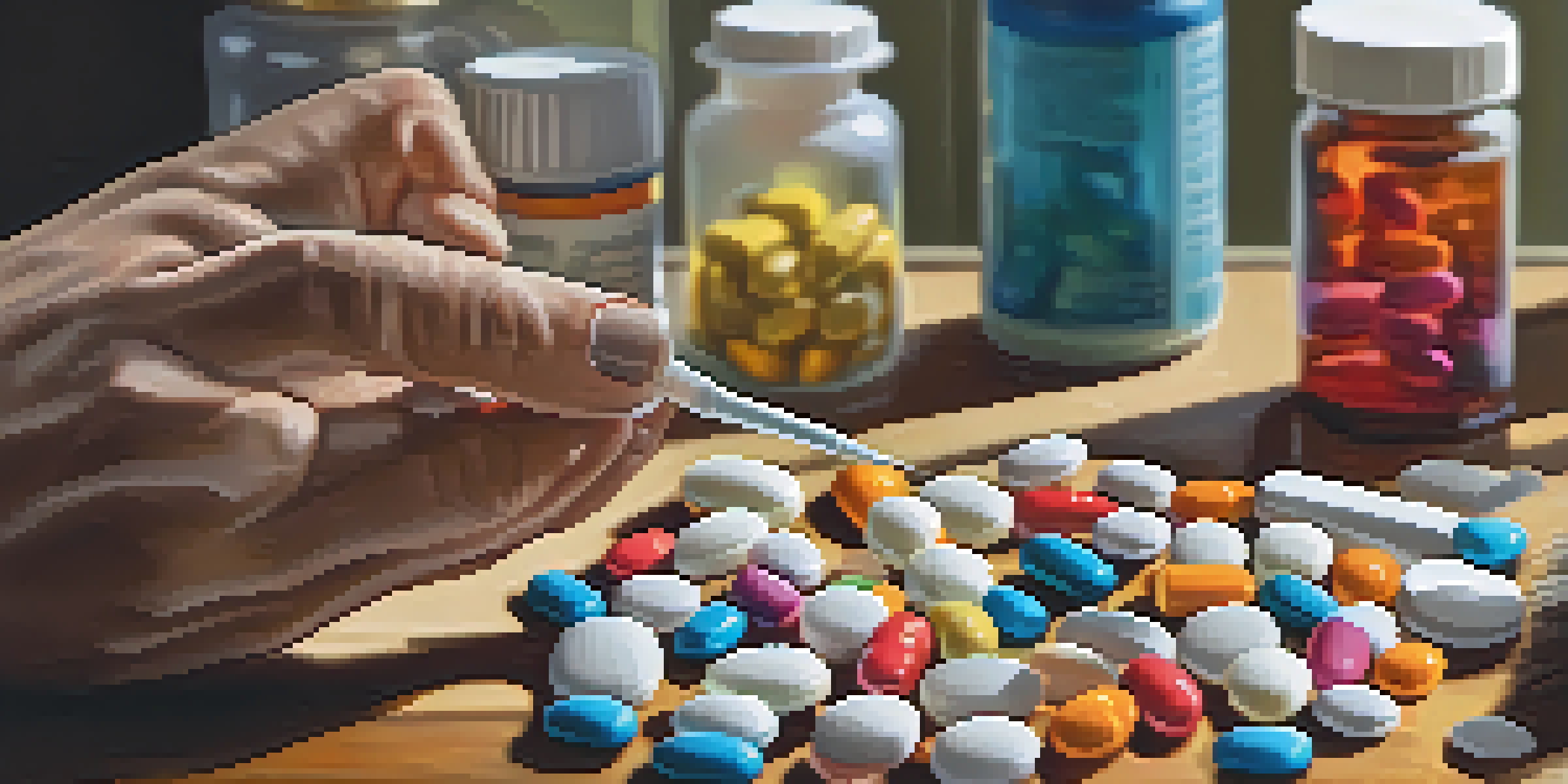 A pharmacist's hands preparing medication with colorful pills and bottles on a wooden countertop.
