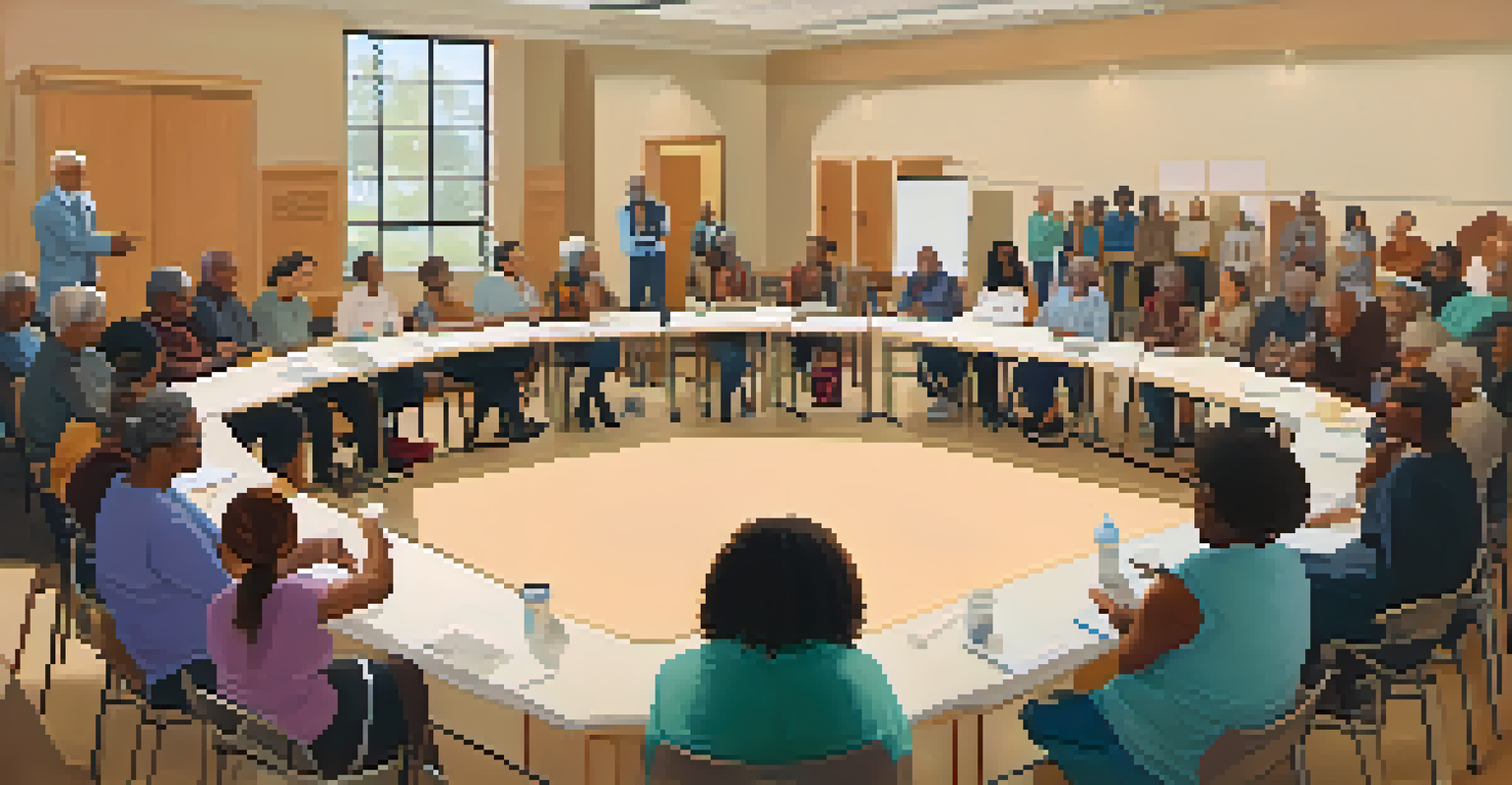 A community meeting with diverse residents discussing health policies in a local hall.