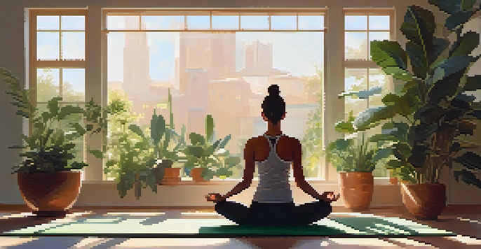 An athlete meditating in a bright room filled with plants, surrounded by warm sunlight.