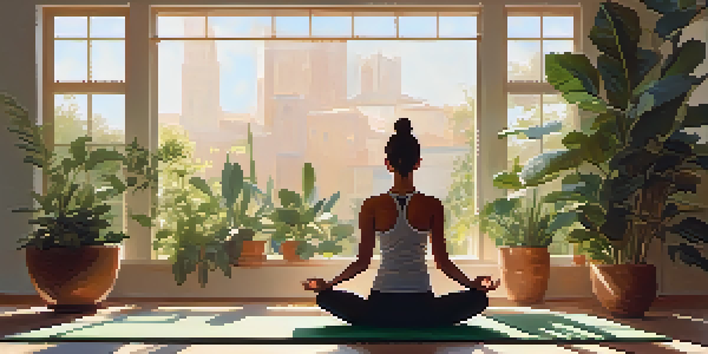 An athlete meditating in a bright room filled with plants, surrounded by warm sunlight.
