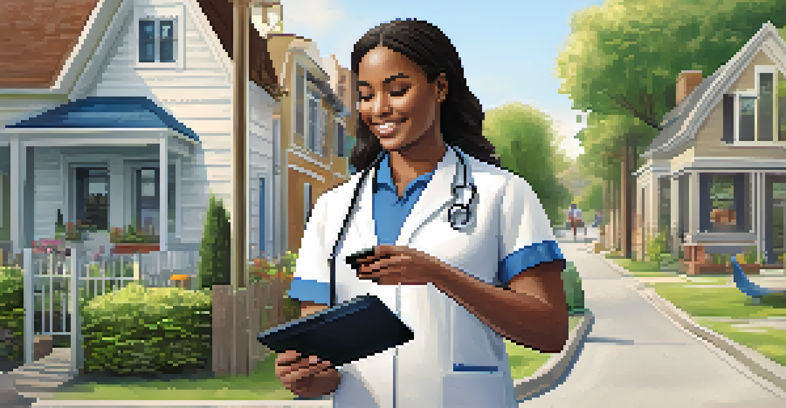 A community health worker using a mobile app to gather health data from a family in a neighborhood, with houses and trees in the background.