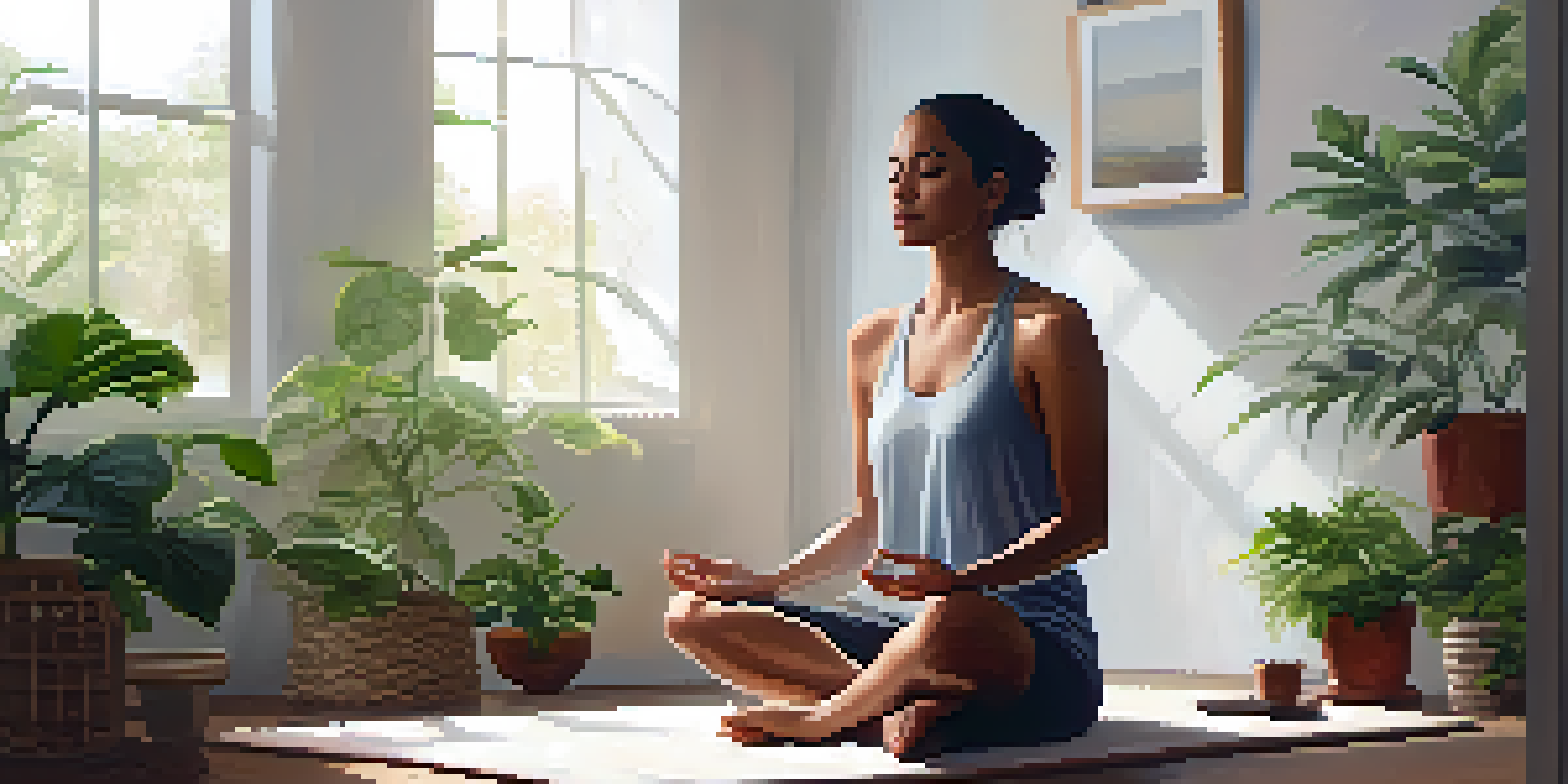 A person meditating in a softly lit room filled with plants, creating a peaceful atmosphere.
