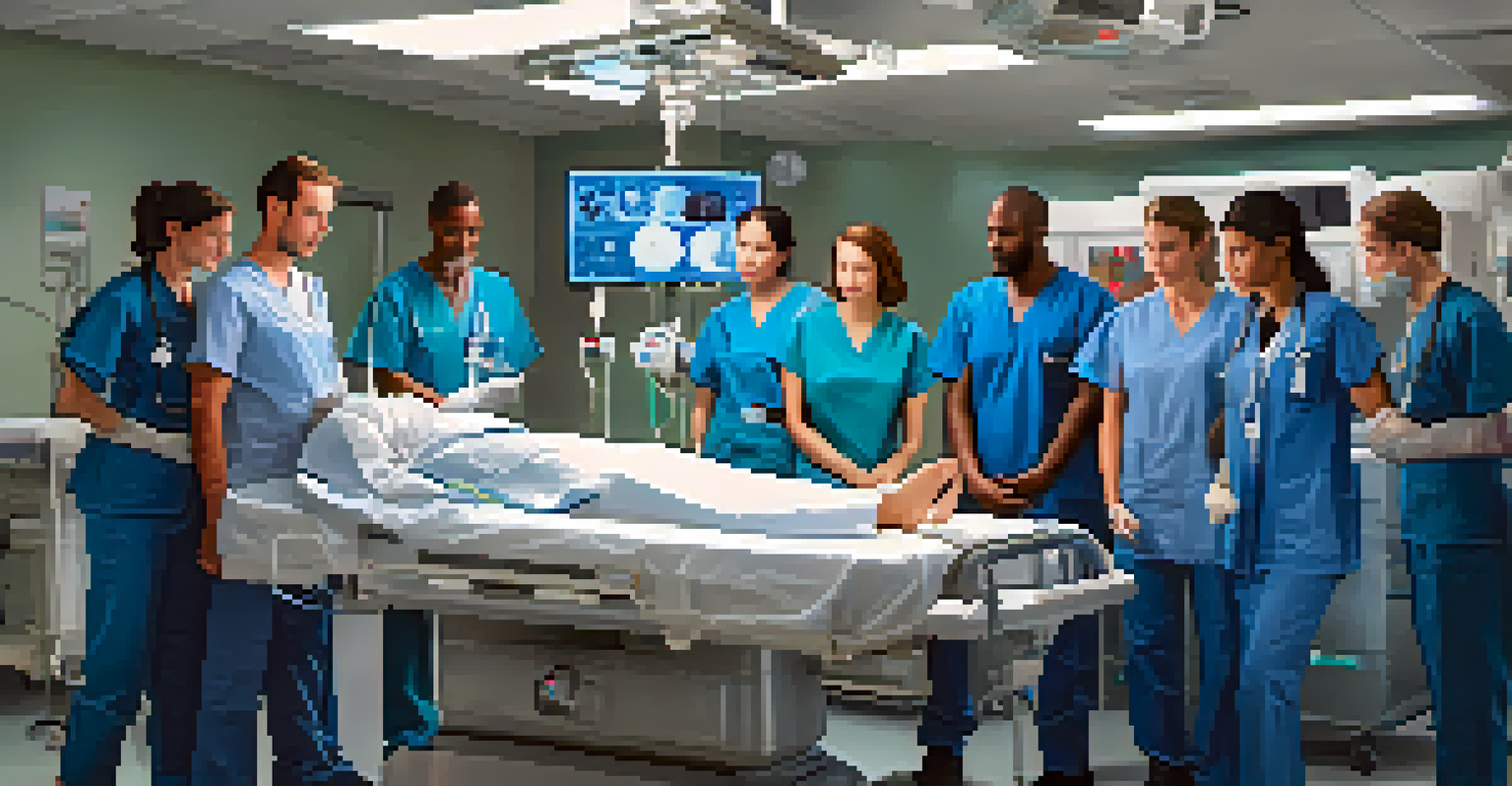 Healthcare professionals engaged in a simulation training session, practicing teamwork around a simulated patient.