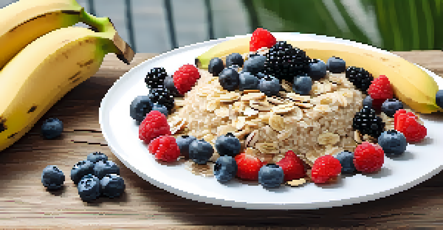 A close-up of a nutritious plate with oatmeal, fresh berries, and nuts, set on a wooden table with a glass of water.