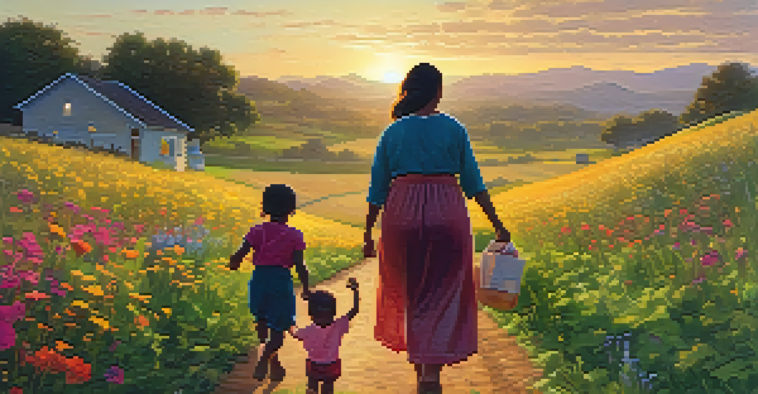 A mother and child walking on a dirt path in a rural landscape at sunrise, with a healthcare clinic in the background.