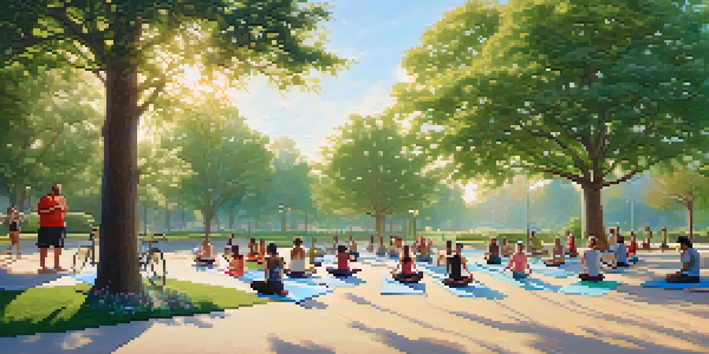 A diverse group of people practicing yoga, jogging, and cycling in a sunny park filled with greenery and a blue sky.
