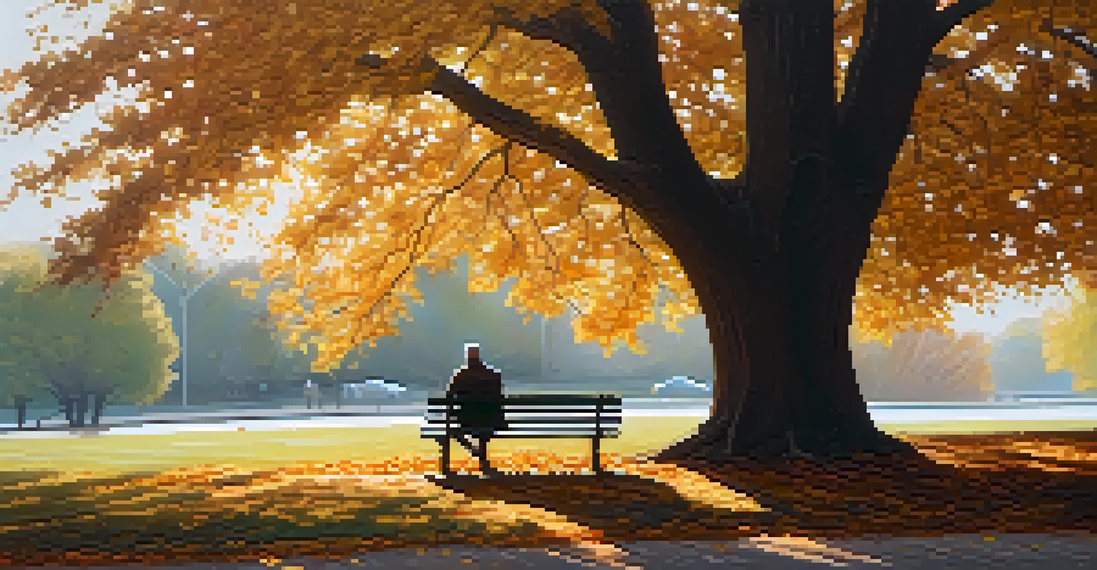 A person sitting alone on a bench in a park, observing children playing under a tree in autumn.