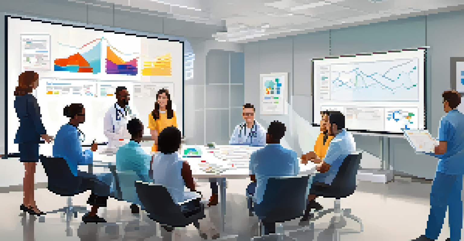 A diverse group of healthcare professionals in a modern meeting room discussing charts and graphs, showcasing teamwork and collaboration.