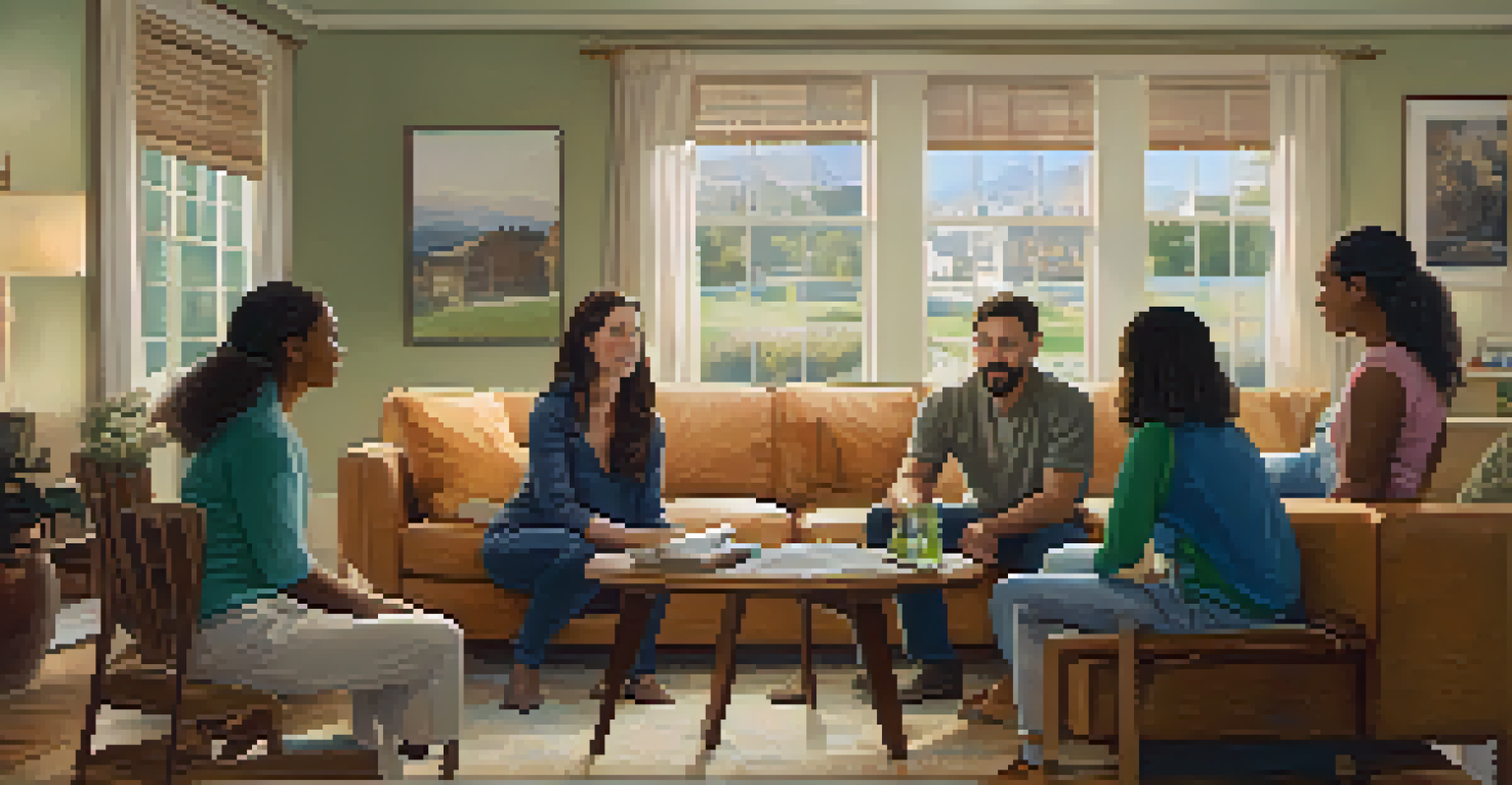 A family in a living room listening to a genetic counselor explain genetic testing results, showcasing various emotions.