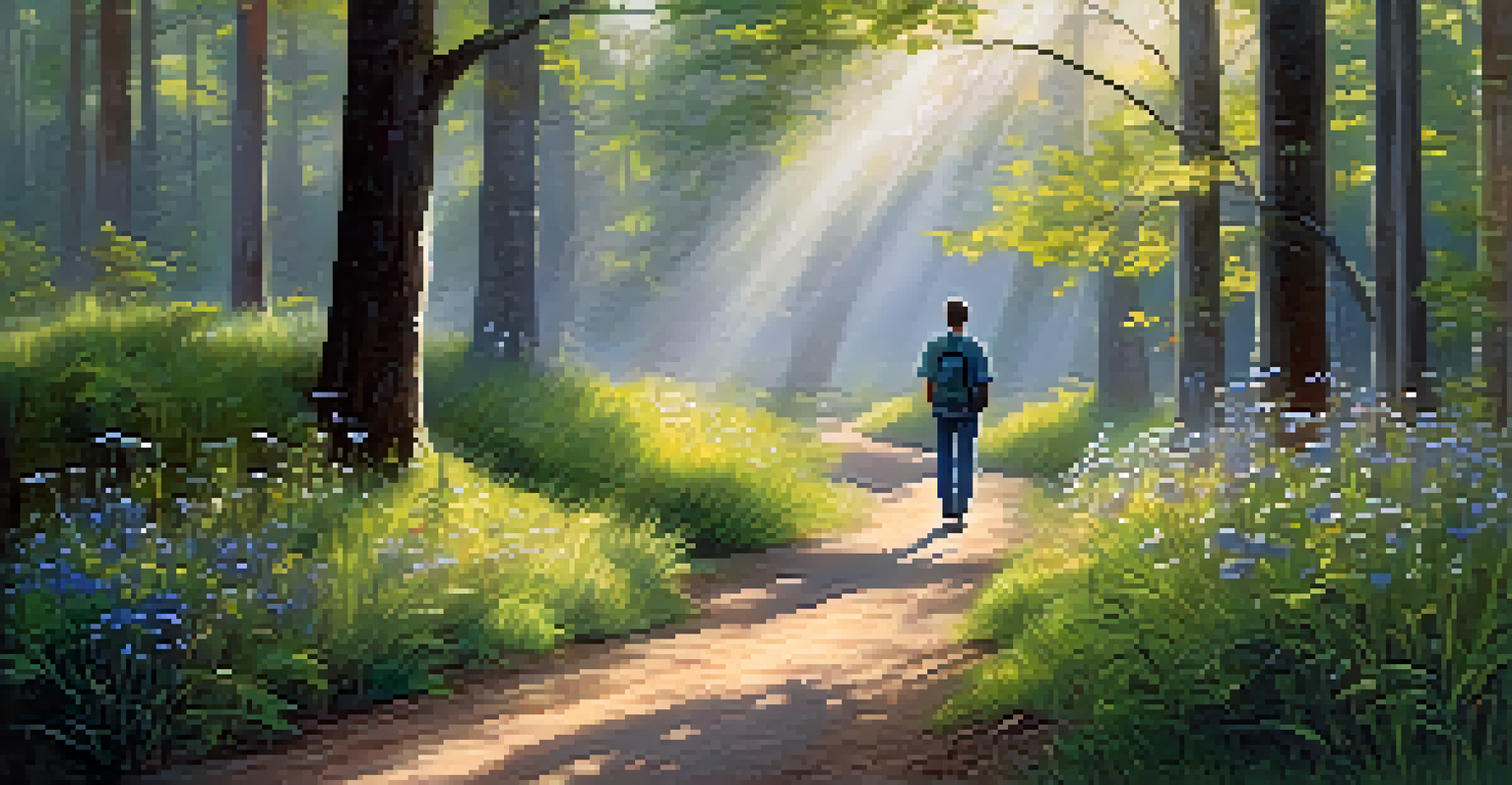 A tranquil nature trail with tall trees and wildflowers, featuring a person walking peacefully along the path in morning sunlight.