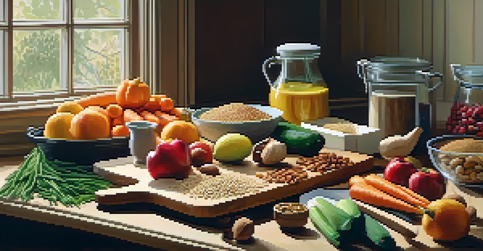 A kitchen scene with a wooden cutting board filled with whole foods like grains, nuts, and fruits, illuminated by warm light from a window.
