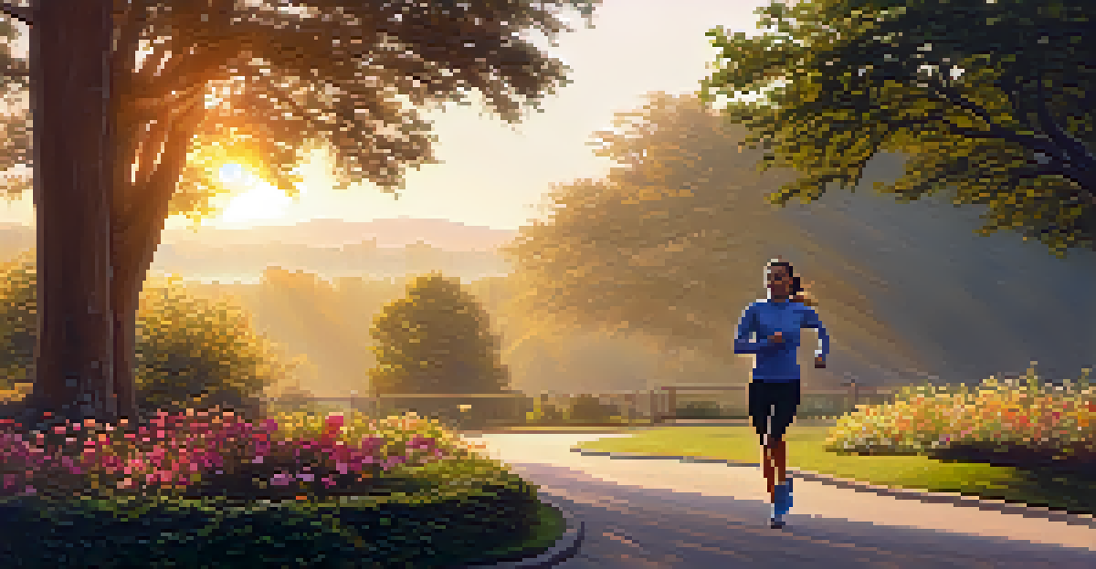 A person jogging in a park at sunrise, with sunlight illuminating the vibrant landscape.